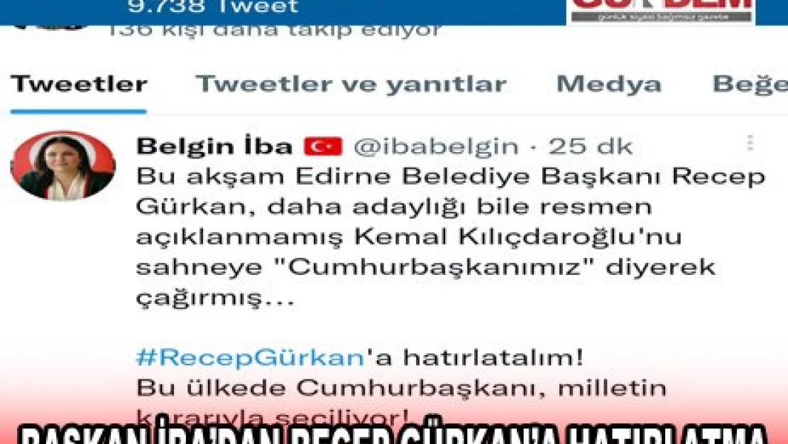 Başkan İba'dan Recep Gürkan'a hatırlatma