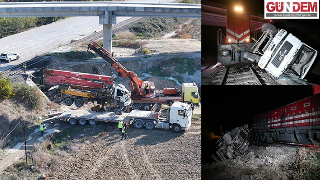 Yolcu treni raylarda bırakılan beton pompası aracına çarptı