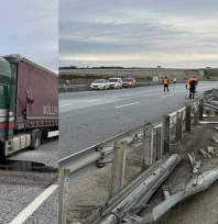 Çarptığı bariyeri parçalayan tır karşı yöne geçti