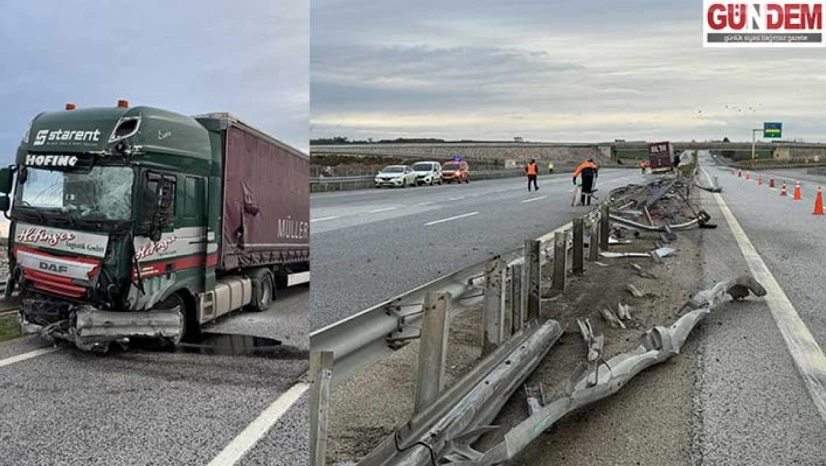 Çarptığı bariyeri parçalayan tır karşı yöne geçti